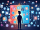 A digital illustration of a person standing in front of a computer screen displaying different social media and online service icons. The person is holding a large eraser, symbolizing the act of removing personal information. Around them, there are padlocks and security shields representing online privacy protection. The background is a matrix of fading binary code to convey the concept of disappearing from the digital world.