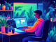 Create an illustration of a person sitting comfortably at their desk, using a laptop to browse the internet through a vibrant, futuristic free private web browser interface. The screen should display features like enhanced privacy settings, customizable themes, and unique browsing tools, all surrounded by a serene home environment filled with plants and soft lighting. Include visual elements representing online security, such as a digital lock and shield icons.