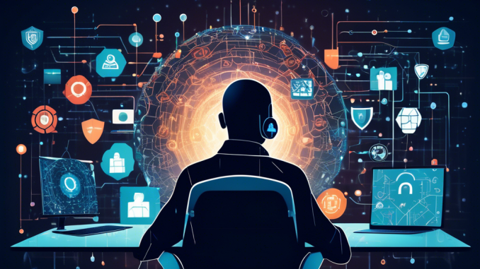 Using-a-VPN-to-Protect-Your-Privacy-Online Create an image depicting a person sitting at a desk with a computer, surrounded by a digital shield representing a VPN. The shield shows various icons like a padlock, globe, and data encryption symbols, symbolizing privacy and security. The background is a collage of abstract binary code and network patterns, emphasizing the digital aspect. The person's expression is calm and focused, portraying confidence in their online security.