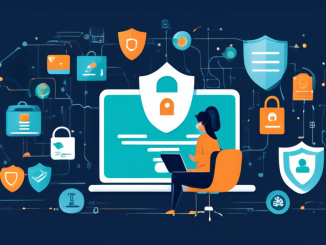 Create an illustration that visually represents the concept of internet privacy. Include elements such as a person using a laptop surrounded by a digital shield, lock icons, and floating data streams. Incorporate symbols of best practices like a checklist, a padlock, and a secure password label. The background should convey a sense of safety and technology, using calming colors to suggest a secure online environment.