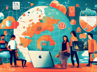 Create an informative and visually engaging illustration showcasing a digital landscape filled with various online privacy tools like VPNs, encryption software, and secure browsers. Include elements such as a shield or lock symbolizing security, a diverse group of people using devices in a safe digital space, and visual representations of data protection, like binary code and a globe. The background should convey a sense of connectivity while emphasizing safety and privacy.